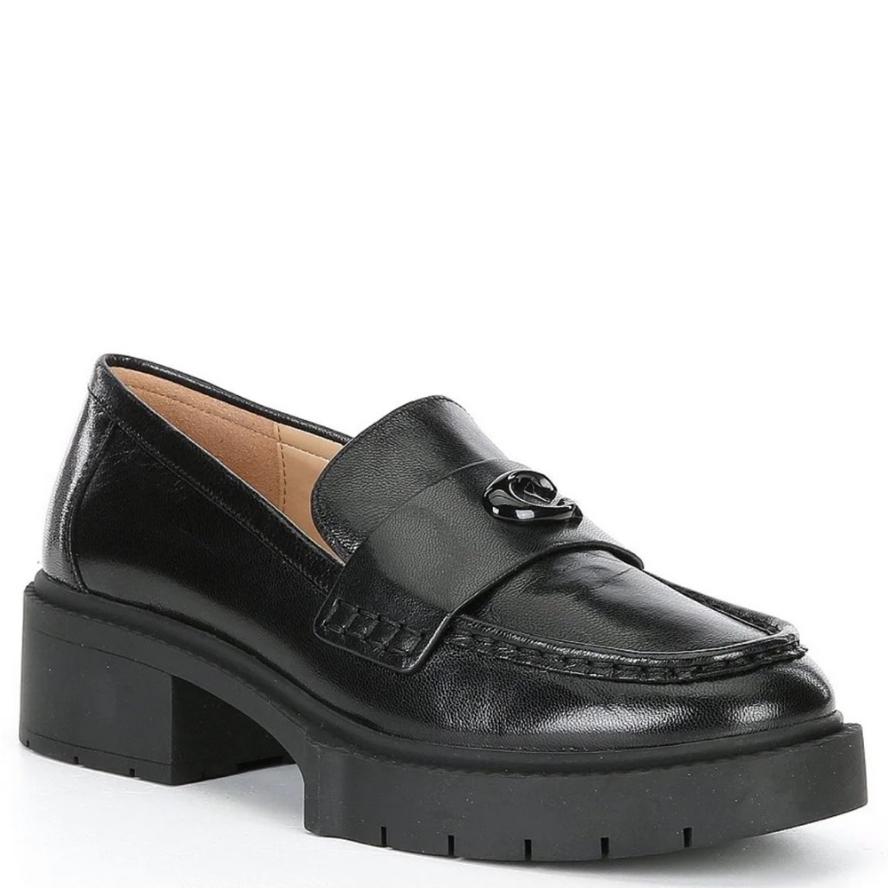 COACH Leah Leather Lug Sole Block Heel Platform Loafers